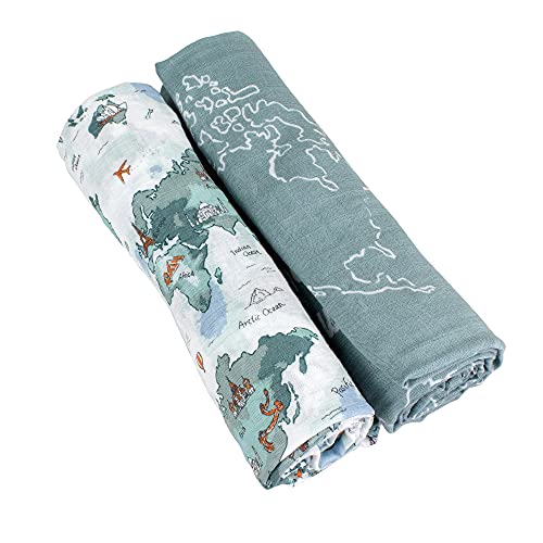 Image of Swaddle Blanket, Boutique Muslin Blankets for Girls & Boys, Baby Receiving Swaddles, Ideal Newborn & Infant Swaddling Set, Perfect Shower Gifts, 2 Pack (World Map + Someday)