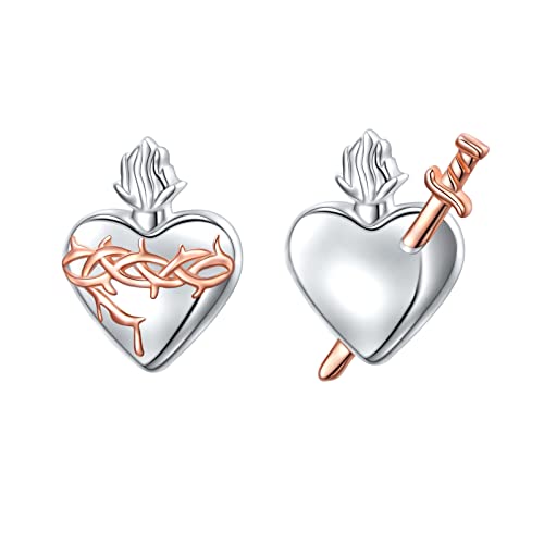 DAOCHONG Sterling Silver Sacred Heart & Immaculate Heart of Mary Mismatched Earring Studs - Christian Jewelry for Women & Men - Easter Gift