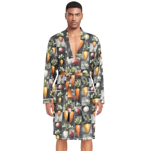 Men’s Robe Carrot Checkered Print, Long Sleeve Bathrobe for Sleep Shower-M