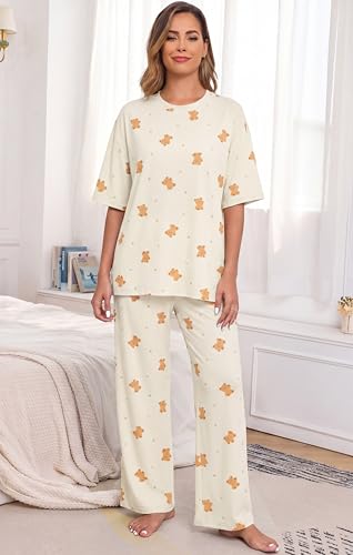 Image of PrinStory Womens Pajamas Sets 2 Piece Lounge Set Short Sleeve Tops and Long Pants Soft Pjs Loungewear with Pockets
