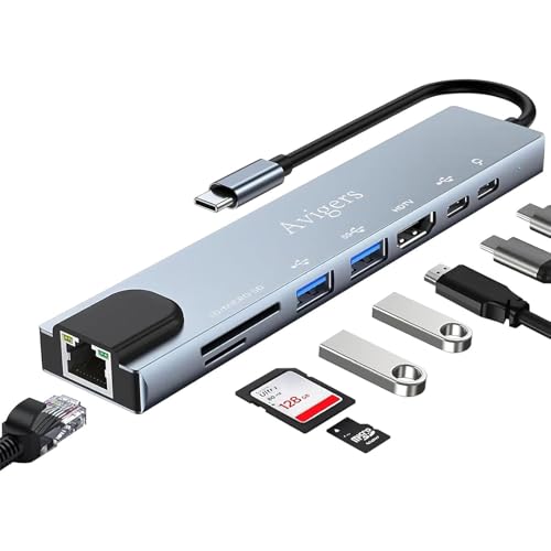 Avigers USB C Hub (8-in-1), USB C Multiport Adapter mit 100W PD, 4K HDMI, SD&TF Kartenleser, USB 3.0, Ethernet LAN Adapter f&uuml;r MacBook Air/Pro, Huawei, Dell und mehr (Silver Grey)