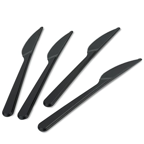 PLASTICPRO 50 Pack Heavy Weight Plastic Knives Black Disposable Knives Plastic Cutlery Set