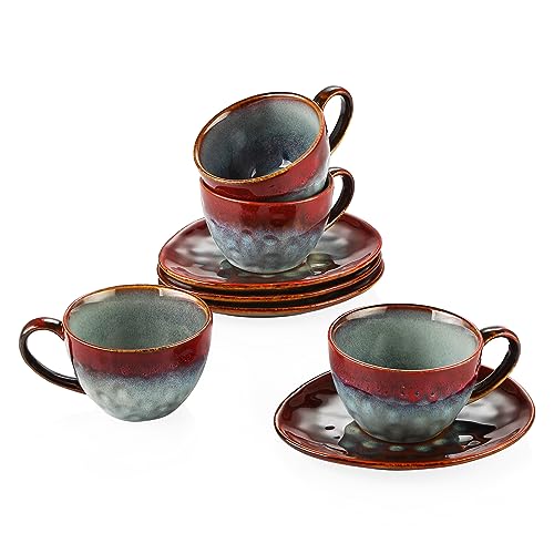 vancasso serie Starry Juego de Café 8 piezas 4 Tazas y 4 Platillos Vajillas para Desayuno Irregular, Arte de Esmaltar, Rojo