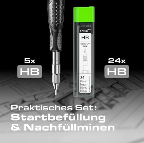 Pica Fine Dry Bundle 70703 I Set bestehend aus Pica 7070 Fine-Dry Automatic Longlife Pencil (5x graphit HB) und Spezial-Minen-Set 7030 (24x graphit HB) I 0,9 mm Minendurchmesser I nachfüllbar