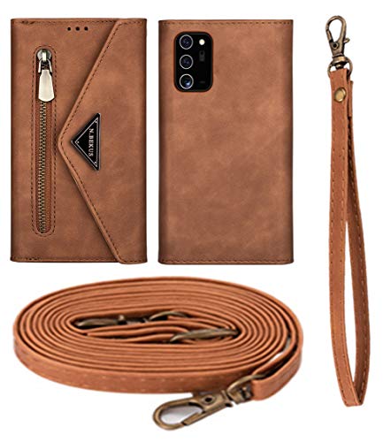 Étui portefeuille Samsung S20 en cuir mat avec fermeture éclair et sangle épaule