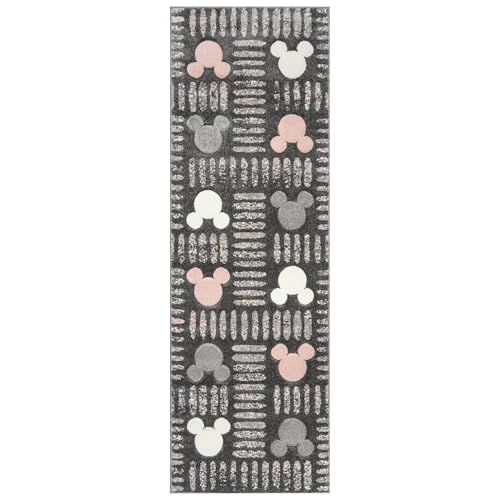 Gertmenian Disney Mickey Mouse Modern Indoor Rug - 2x8 Runner, Non-Shedding, Ideal for High Traffic Areas in Living Room, Bedroom, Entryway - Strokes, Gray/Pink, 27902