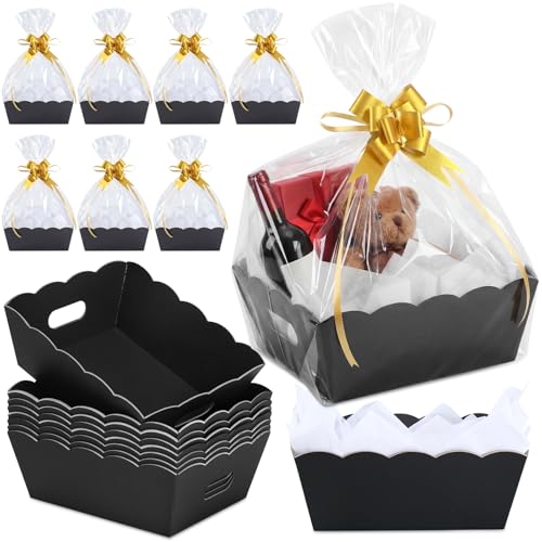 Image of Fuyoooo 8 Pack Black Basket for Gifts Empty to Fill, 10 inch x 8 inch Thick Sturdy Kraft Scalloped Edge Gift Basket with Handle, 8 Wrap Bag 8 Bow 16 Tissue Paper for Christmas Wedding Birthday Wrapping Gift