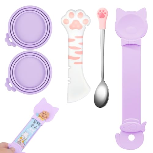 Aecsze 5 PCS Cat Food Can Covers Lids Set, Silicone Pet Food Can Lids with Multi-Function Cat Food Spoon and Opener, Cat Bar Squeezer, Stainless Steel Wet Food Spoon for Cats and Dogs (Purple)