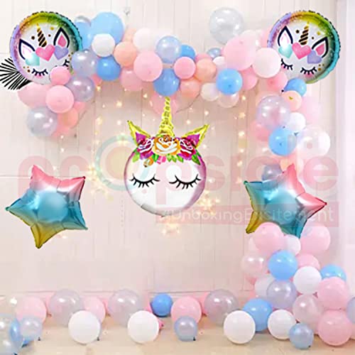 Image of Propsicle Birthday Foil Pink Unicorn Head Balloon Rainbow Color Pack of 5 Balloons Decoration Set for Baby Birthday | Theme Party Supplies Item