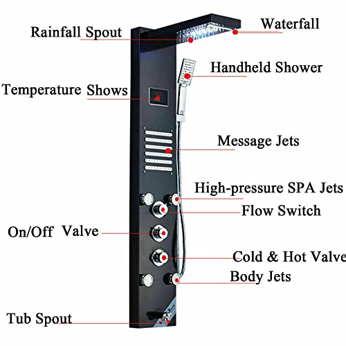 Sistema de Torre de Ducha Negra con Panel LED, Cascada, Cabezal de Lluvia, Boquilla de Masaje y Grifo miniatura 7