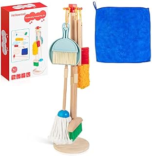 HELLOWOOD Kids Cleaning Set, 8 pcs Housekeeping Pretend Play Set Includes Broom Mop Duster Dustpan Brushes Rag and Organizing Stand, Cleaning Toys Gift For Toddlers Girls Boys Age 3-6, Real Beech Wood