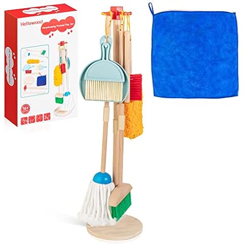 HELLOWOOD Kids Cleaning Set, 8 pcs Housekeeping Pretend Play Set Includes Broom Mop Duster Dustpan Brushes Rag and Organizing Stand, Cleaning Toys Gift For Toddlers Girls Boys Age 3-6, Real Beech Wood Cover