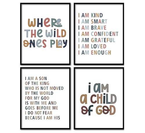 Image of foedor Christian I am a Son of the King Boho Boy Nursery Wall Art Prints Set of 4, Bible Verses Affirmations Wall Decor Posters for Boys Room Classroom Playroom Nursery, 8x10 Inch Unframed