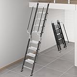 Foldable Aluminum Loft Stairs Ladder 8.5ft / 9ft / 9.5ft / 10.5ft / 11.5ft, Heavy Duty Bunk Bed ladders with Handrails ＆ Hooks, 8 Step Attic Ladder for Small Opening, Load 330 lbs