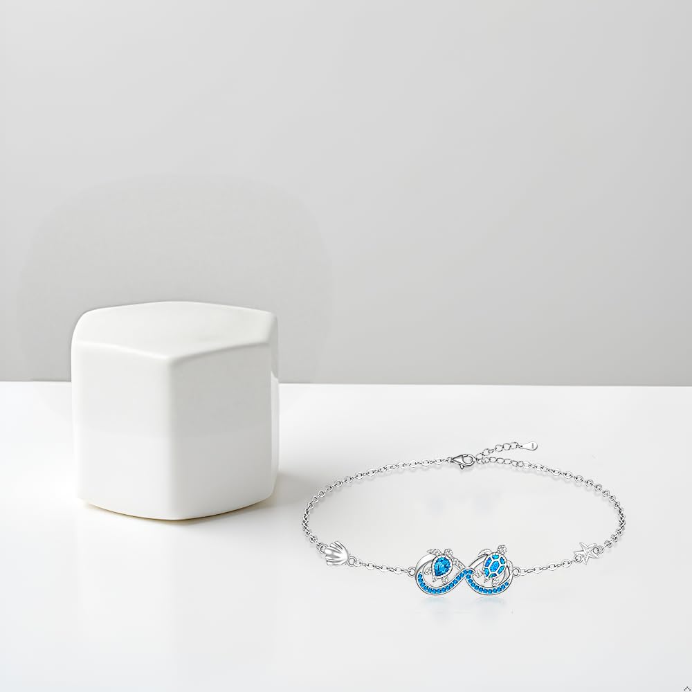 Pulsera de tortuga para mujer, plata de ley, ópalo azul, océano, tortuga marina, dijes de playa, infinito, joyería de tortuga, regalos