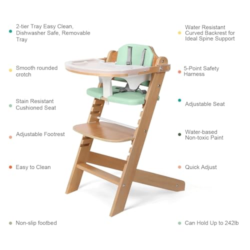 Image of Cowiewie Wooden High Chair for Babies & Toddlers,Convertible Baby Highchair, 8-Level Adjustable Seat & Footrest, Solid Beech Wood, Removable 3-Layer Tray, EVA Cushions, 5-Point Harness, Green