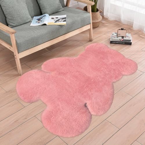Image of TENNOLA 4x5.3 ft Pink Bear Shaggy Large Rug, Soft Fluffy Faux Sheepskin Fur Rug Fuzzy Shag Area Rug Cute Plush Carpet for Nursery Kids Girls Bedroom Room Aesthetic Living Room Floor Home Decor, Pink