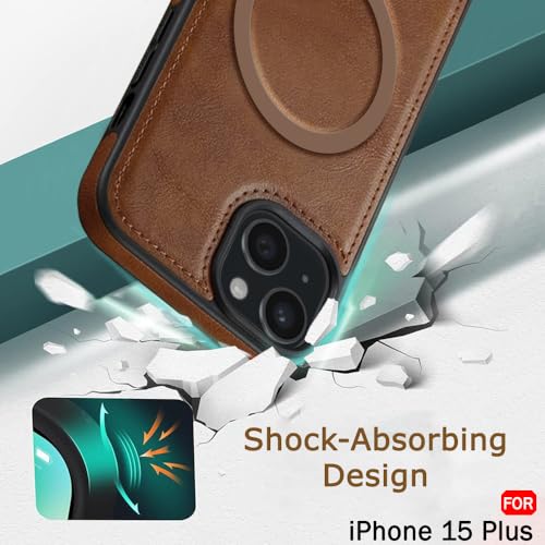 Image of TheGiftKart Genuine Leather Finish Back Cover Case for iPhone 15 Plus | Shockproof Design | Raised Edges for Camera & Screen Protection | Stunning Minimalist Design Case (MagSafe Compatible, Brown)