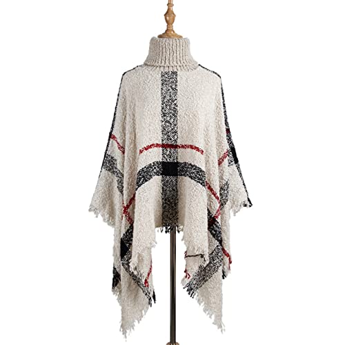 Women Fashion High Neck Pullover Sweaters Oversized Knitted Fringed Poncho Cape Shawl Wrap Warm Loose Turtleneck (Color : Beige, Size : 135Wx85L)4