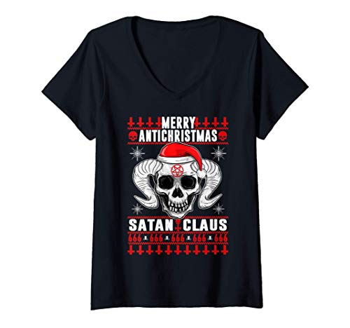 Donna MERRY ANTICHRISTMAS SATAN CLAUS Ugly ANTI Christmas Design Maglietta con Collo a V