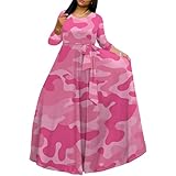 Plus Size Dresses for Curvy Women Casual Long Sleeve Crewneck Wrap Floor Length Camouflage Print Maxi Dresses with Belt