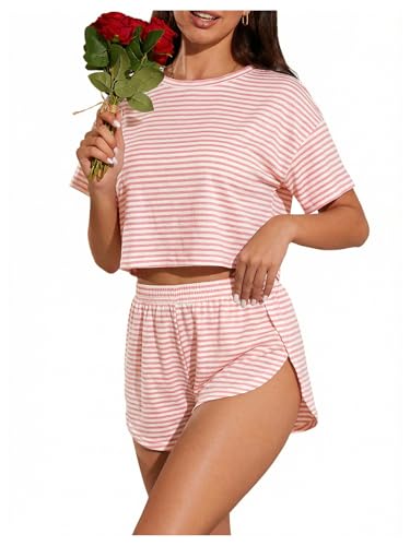 Image of OYOANGLE Womens Pajama Sets 2 Piece Sexy Lounge Sets Summer Cute Pjs Striped Print Tee and Side Split Shorts Set