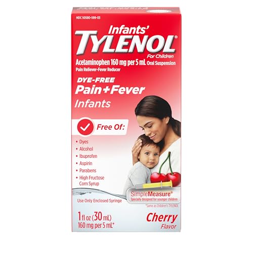Image of Tylenol Infants Oral Suspension Liquid Medicine with Acetaminophen, Baby Fever Reducer & Pain Reliever for Minor Aches & Pains, Sore Throat, Headache & Teething Pain, Dye-Free Cherry, 1 fl. oz