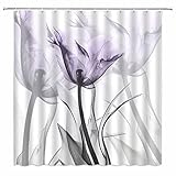 BOYIAN X-ray Floral Shower Curtain Tulip Purple Flower Grey Leaf Nature Modern Romance Creative White Fabric Bath Curtains Bathroom Polyester with Plastic Hooks 71x71Inch