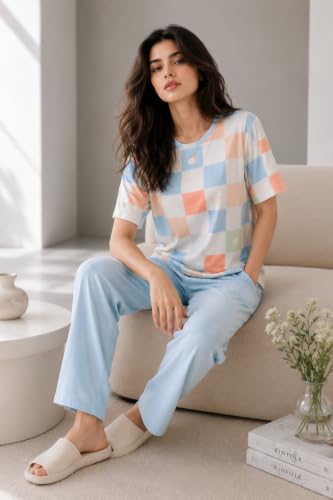 Image of Women's Korean Style Looper Fabric Nightsuit Set | Cute Print Half Sleeve T-Shirt & Pajama Set | Soft Comfortable Nightwear & Loungewear for Women