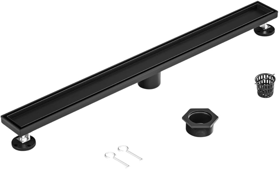 24 Inch Rectangular Linear Shower Drain Set with Reversible Flat & Tile Insert Cover, 304 Stainless Steel Bathroom Floor Drain with Hair Catcher, Shower Floor Drain Includes Adjustable Leveling Feet Matte Black 24 Inch