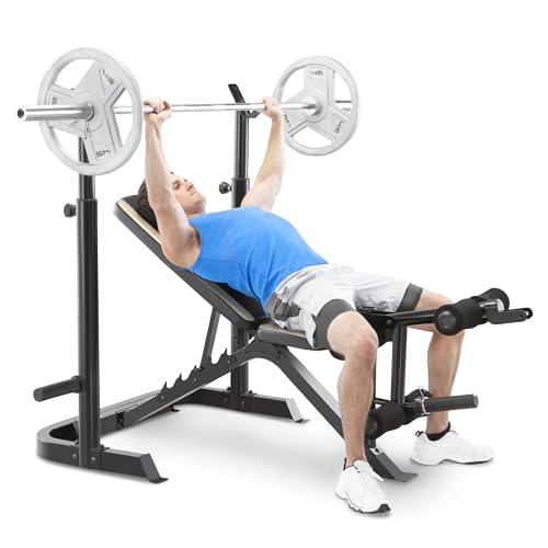 Image of Marcy Olympic Workout Bench for Home Gym Strength Training Equipment with Preacher Curl Pad and Weight Rack Storage, White /Black