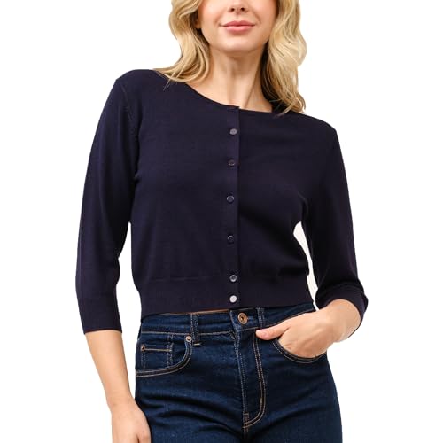 Image of Women's Cropped Cardigan 3 /4 Sleeve Crewneck Button Up Sweater Knit Top (S~XL)