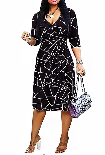 Image of Womens Plus Size Summer Dresses Sexy V Neck Midi Dress Faux Wrap Dress 3 /4 Sleeve Boho Casual Floral A-Line Skirts