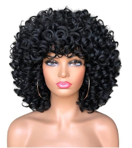 QITAQOTA Pixie Cut Wig Wigs for Women Short Curly Wig BOB Glueless Wig Afro Rose Curly Funmi Wigs with Bang 12inch (Color Black)