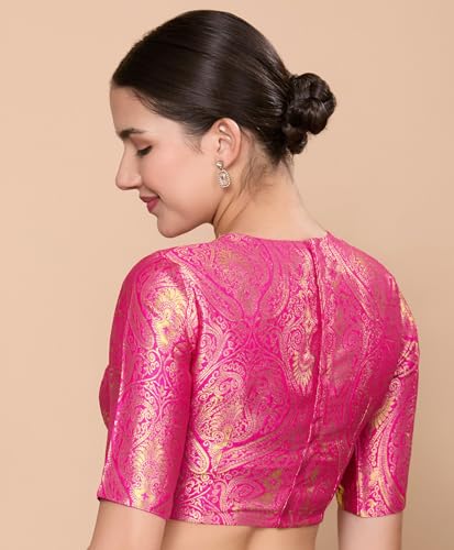 Image of Studio Shringaar Women Brocade Silky Jewel Neck Readymade Elbow Length Sleeve Saree Blouse