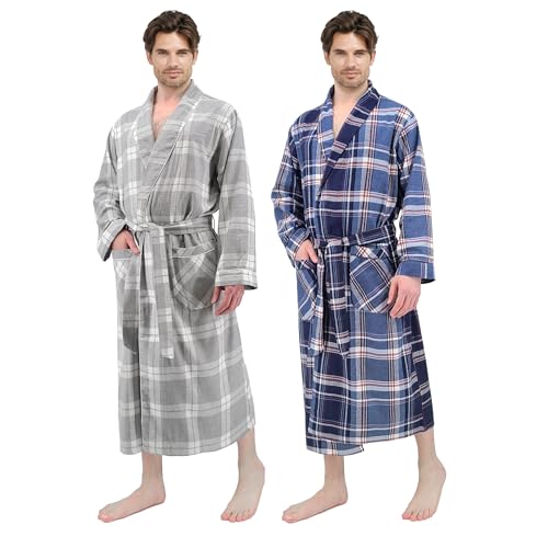 Image of Andrew Scott Mens 2 Pack Long Sleep -Sauna Robe / 100% Cotton Flannel Brush Warm Bathrobe