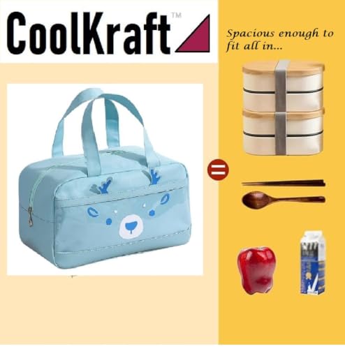 Image of CoolKraft Lunch Bag for School Kids, Girls, Cute Animal Design Bag, Lunch Bag for Office Women Travel Picnic Bag, Insulated Portable Tiffin Bag 29 x 18.5 x 14 cm (L Blue + Brown)