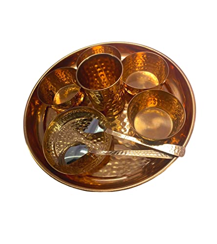 Bona fide copper dinner plate set 9 pieces Copper Traditional Dinner Set Of Thali Plate, Bowls, Glass And Spoon diameter 12 inch full copper