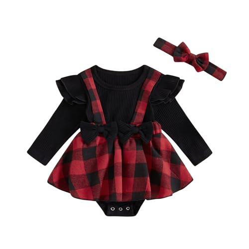MAHUAOYIXI Vestido de Navidad para Niños y Niñas Ropa de Otoño Vestido de Navidad para Bebés Disfraz de Navidad Recién Nacido Ropa Navideña para Bebés con Banda Lazo de Navidad, Negro , 12- 18 meses