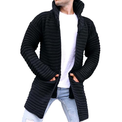 Mens Long Sleeve Stand Collar Knitted Cardigan Sweaters Slim Fit Open Front Mid Length Pockets Drape Cape Overcoats