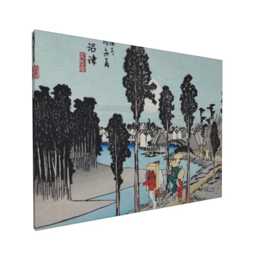 歌川広重 浮世絵 《東海道五拾三次之内 沼津:黄昏》ポスター 部屋飾り キャンバスウォールアート 印刷 版画 壁飾り 壁の絵 壁掛け ソファの背景絵画 40x30cm 木枠付きの完成品