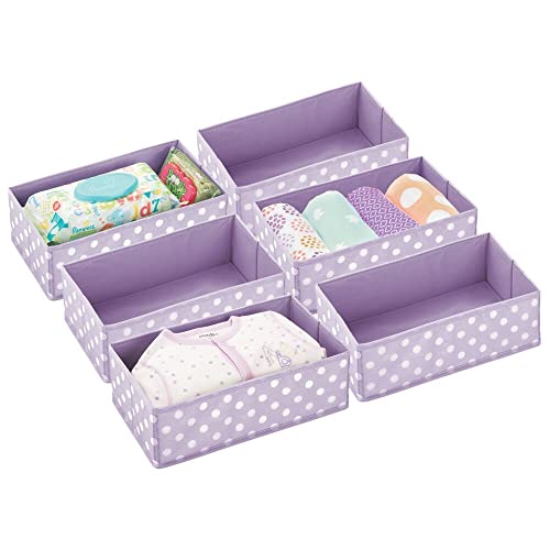 Image of mDesign Soft Fabric Dresser Drawer and Closet Storage Organizer for Toddler/Kids Bedroom, Nursery, Playroom - Rectangular Bin with Polka Dot Print, 6 Pack - Light Purple/White