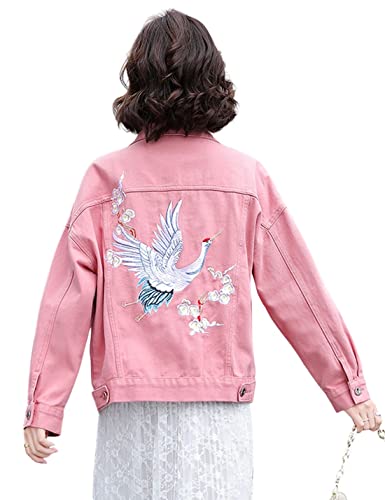 happlan Embroidered Denim Jacket for Women Loose Lapel Button Down Print Shirt Coat Shacket