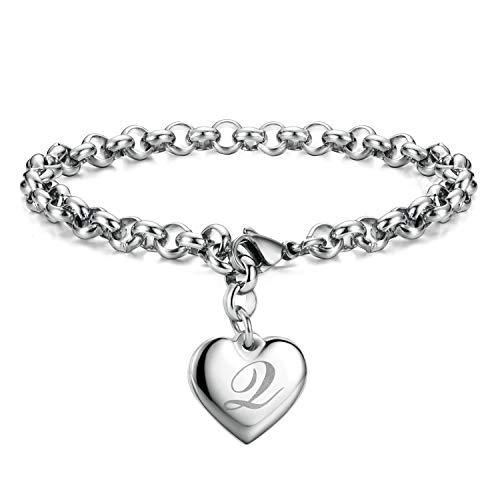 Initial Charm Bracelets Stainless Steel Heart 26 Letters Alphabet Bracelet for Women, Valentine's Day Gifts
