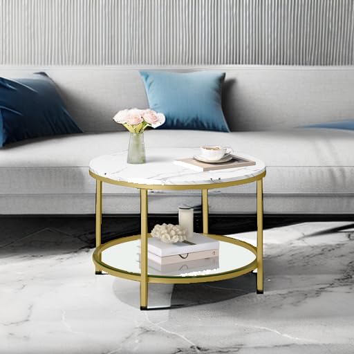 VASAGLE Round Coffee Table, 2-Tier Small Coffee Table with Faux Marble Top and Glass Shelf, Modern Style, for Living Room, 25.6 x 25.6 x 18.1 Inches, Marble White and Pale Gold ULCT072W59 by VASAGLE - Image 2