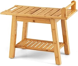 RELAX4LIFE Bamboo Shower Bench, 2-Tier Bathroom Spa Stool Seat with Storage Shelf & Non-Slip Feet, Inside Bath Stool Shower Seat for Disabled Elderly