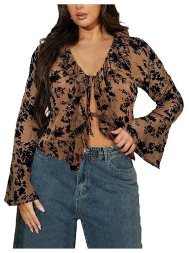 WDIRARA Women's Plus Size Floral Lace Mesh Sheer Tie Front Going Out Top