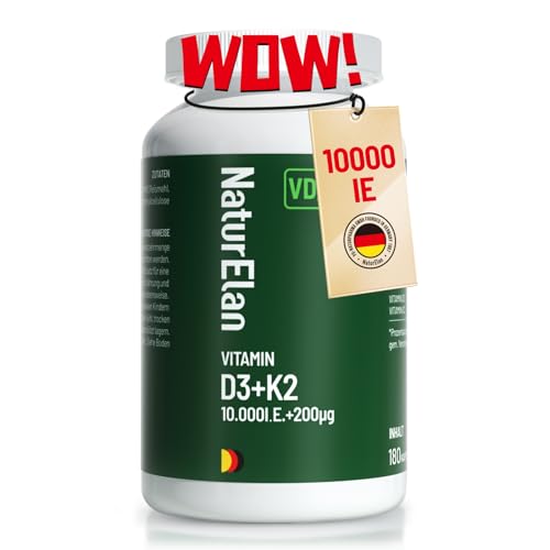 Vitamin d3 k2 kapseln hochdosiert - 10000I.E. + Vitamin K2 MK7 200 mcg pro Dosis, 180 Vegetarisch kapseln im Jahresvorrat, Ohne Zusätze, In Deutschland Produziert
