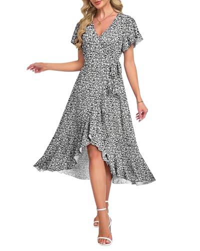 Image of AUSELILY Women Summer Midi Dresses Wrap Short Flutter Sleeve Elegant Dress | High Slit,High-waisted,Ruffled Hem,V-Neck,Fixed-strap Design,Skin-Friendly,Breathability,Wedding Guest Dresses