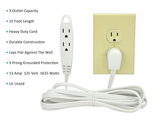 BindMaster 15 Feet Extension Cord / Wire, 3 Prong Grounded, 3 outlets, Flat Plug , White (1 Pack) - Thumbnail 4